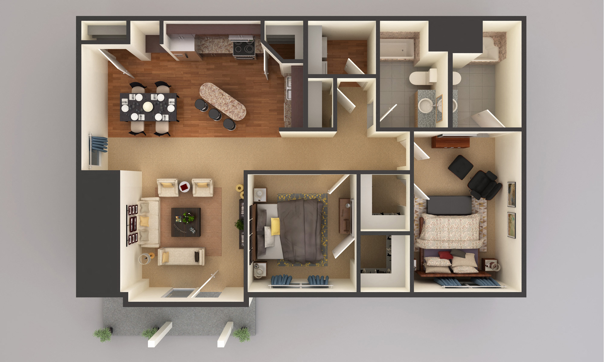 Floor plan for 2 beds, 2 baths, 1287 sqft